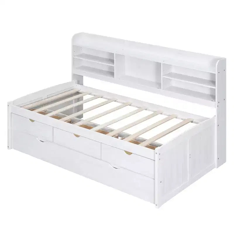 Lit Capitaine en Bois, Taille Jumeau/Double avec Étagères Intégrées, Trois Tiroirs de Rangement et Lit Gigogne - ModernLuxe