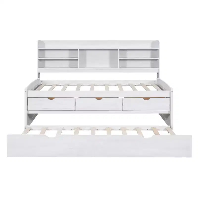 Lit Capitaine en Bois, Taille Jumeau/Double avec Étagères Intégrées, Trois Tiroirs de Rangement et Lit Gigogne - ModernLuxe