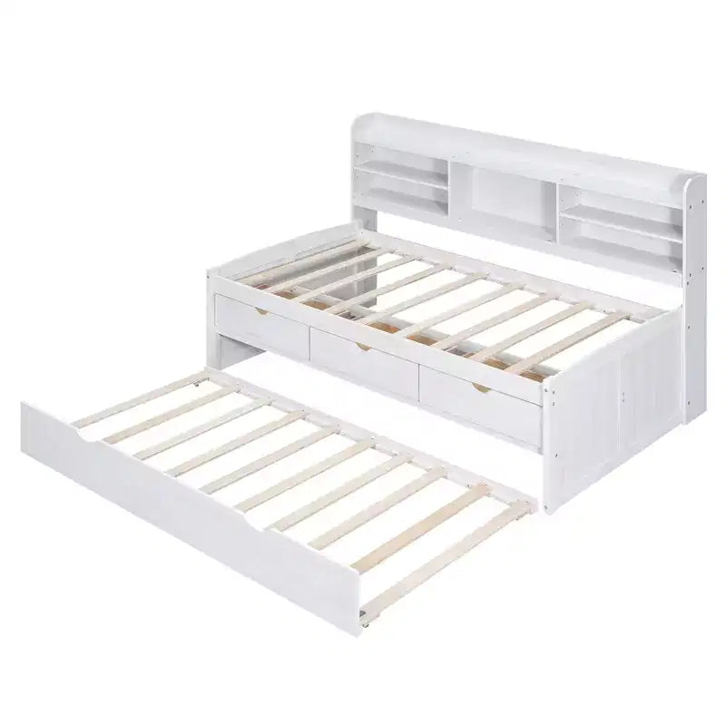 Lit Capitaine en Bois, Taille Jumeau/Double avec Étagères Intégrées, Trois Tiroirs de Rangement et Lit Gigogne - ModernLuxe