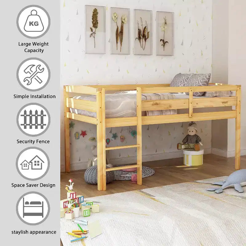 Lit mezzanine double Whisen Modern Design en bois avec échelle, une belle pièce pour la chambre à coucher