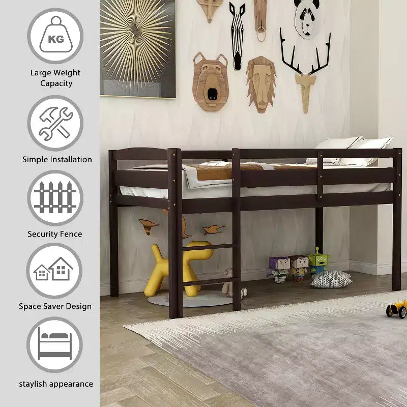 Lit mezzanine double Whisen Modern Design en bois avec échelle, une belle pièce pour la chambre à coucher