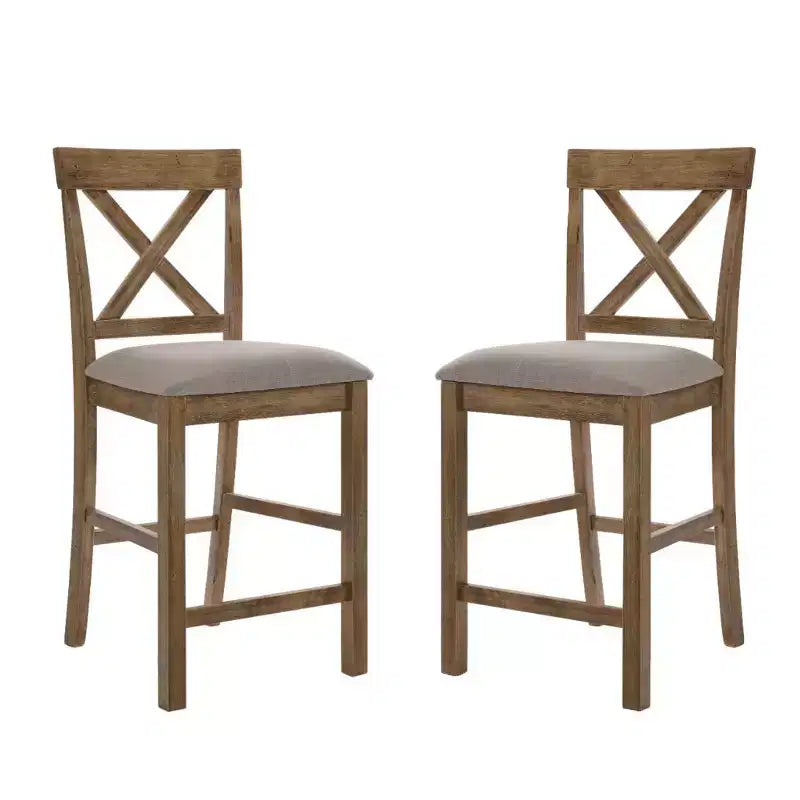 Simple Relax Set of 2 Linen Upholstered Counter Height Chairs in Tan and Weathered Oak