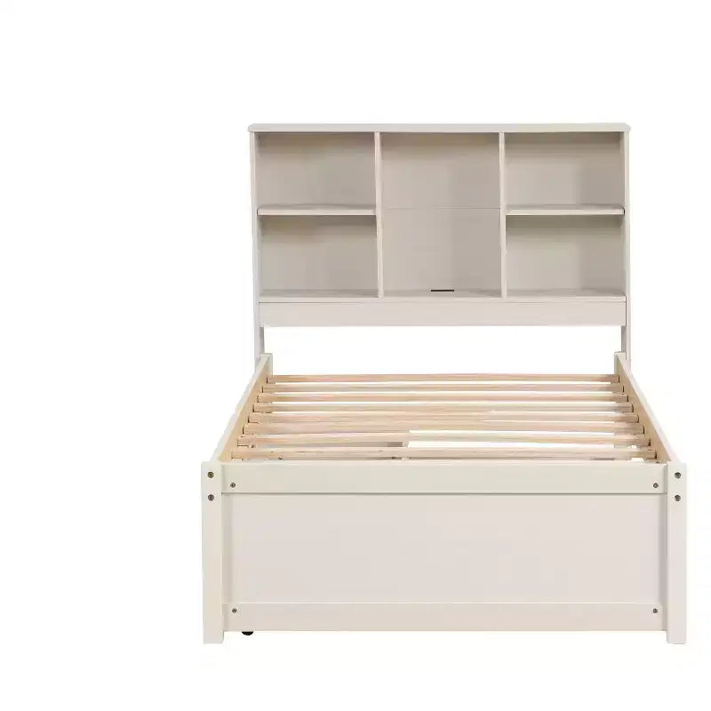 Cadre de lit simple gris moderne - Tête de lit bibliothèque, 2 tiroirs, port USB
