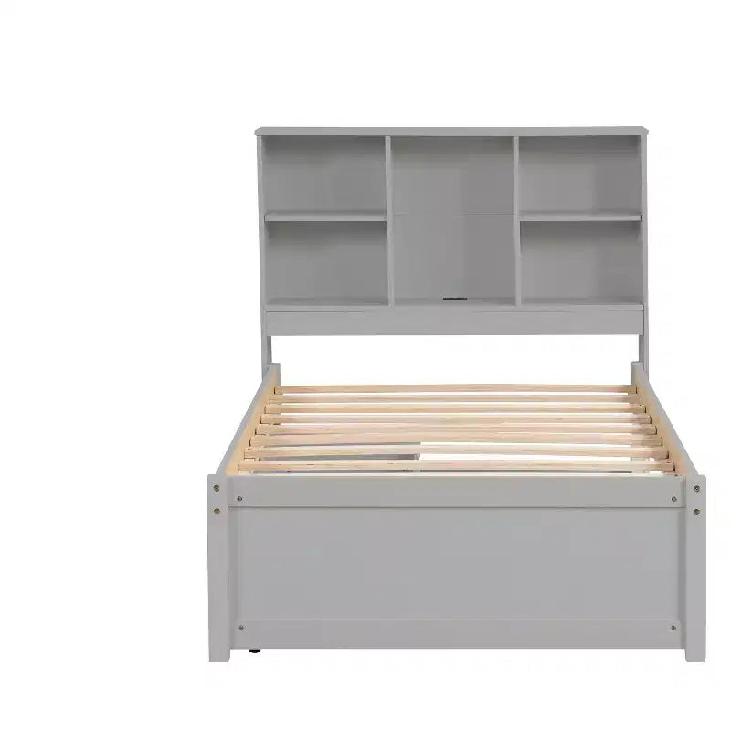 Cadre de lit simple gris moderne - Tête de lit bibliothèque, 2 tiroirs, port USB