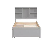 Cadre de lit simple gris moderne - Tête de lit bibliothèque, 2 tiroirs, port USB