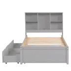 Cadre de lit simple gris moderne - Tête de lit bibliothèque, 2 tiroirs, port USB