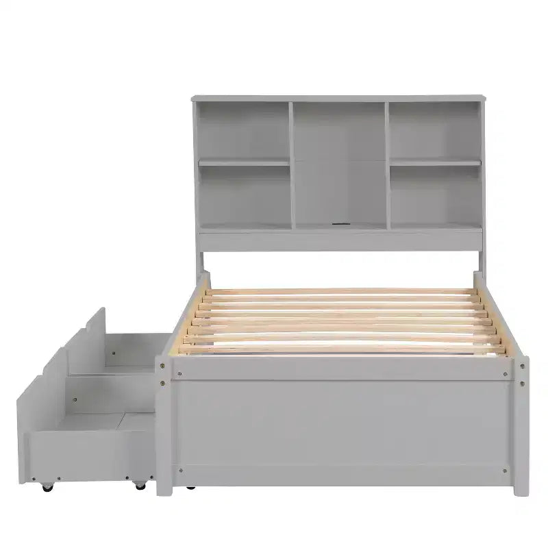 Cadre de lit simple gris moderne - Tête de lit bibliothèque, 2 tiroirs, port USB