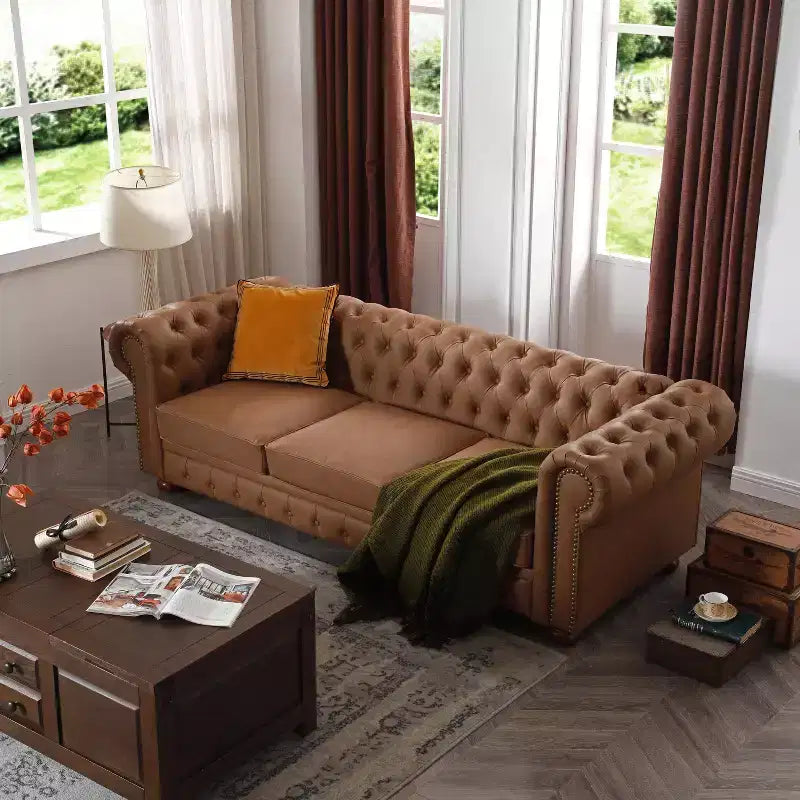 Élégant canapé Chesterfield en cuir technique, canapé 3 places/2 places/1 place capitonné avec garniture cloutée et accoudoirs arrondis ModernLuxe