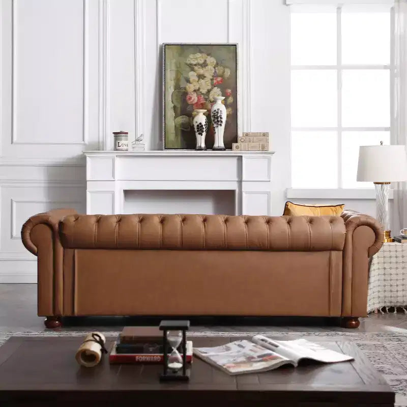 Élégant canapé Chesterfield en cuir technique, canapé 3 places/2 places/1 place capitonné avec garniture cloutée et accoudoirs arrondis ModernLuxe