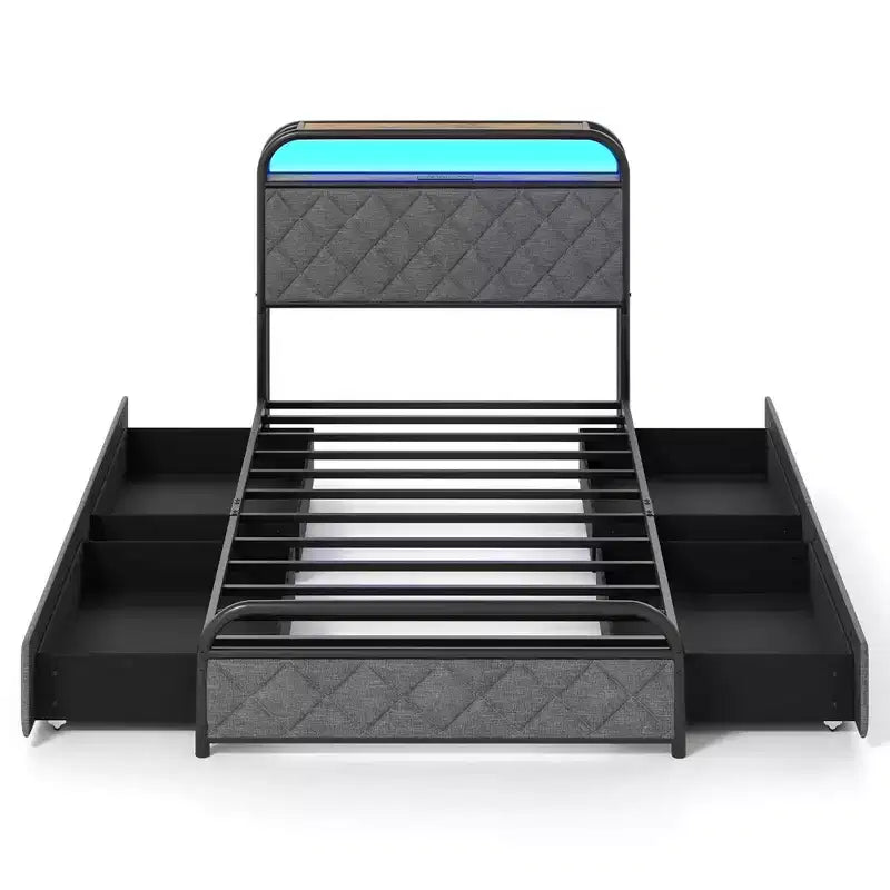 Cadre de lit Costway double/grand lit/très grand lit avec lumières LED et station de recharge, tête de lit de rangement, noir