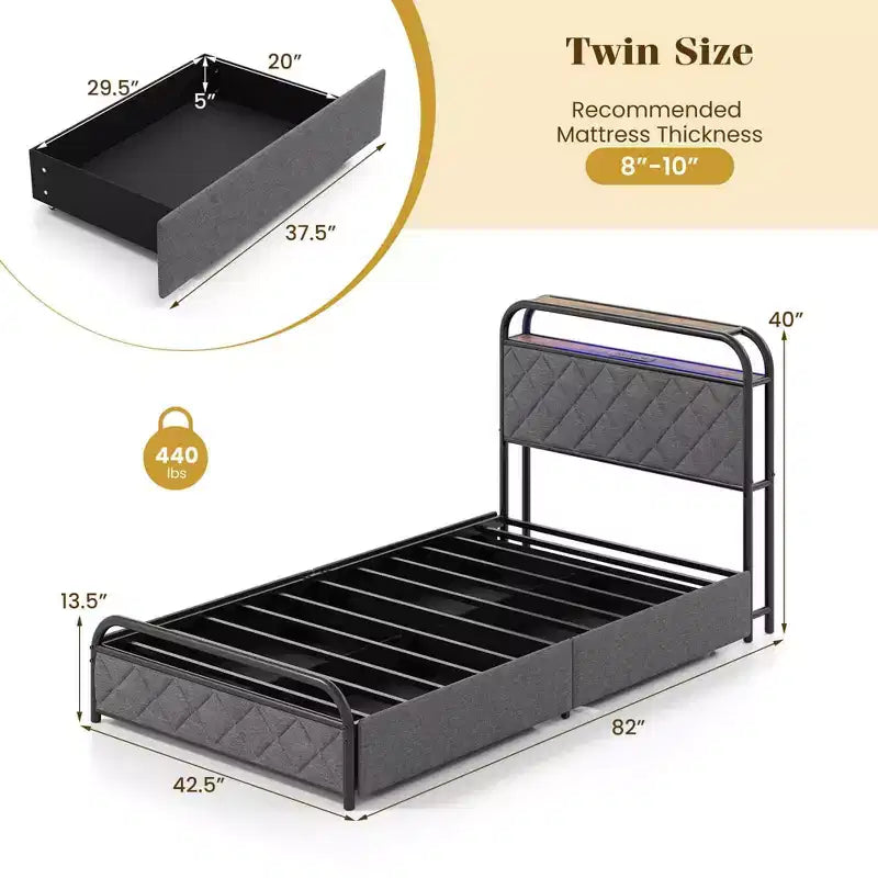 Cadre de lit Costway double/grand lit/très grand lit avec lumières LED et station de recharge, tête de lit de rangement, noir