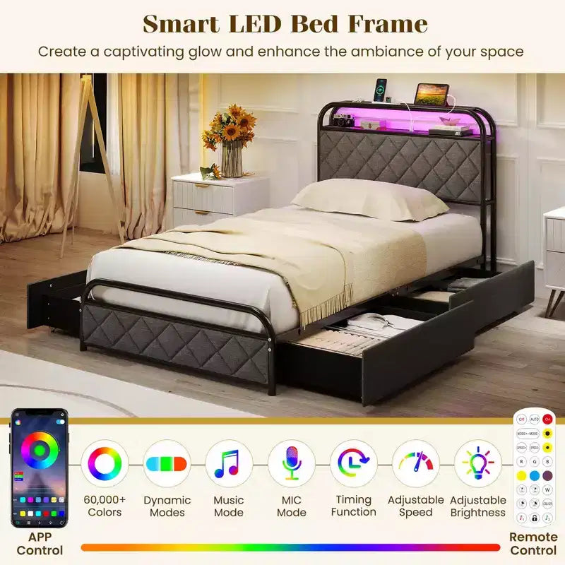 Cadre de lit Costway double/grand lit/très grand lit avec lumières LED et station de recharge, tête de lit de rangement, noir