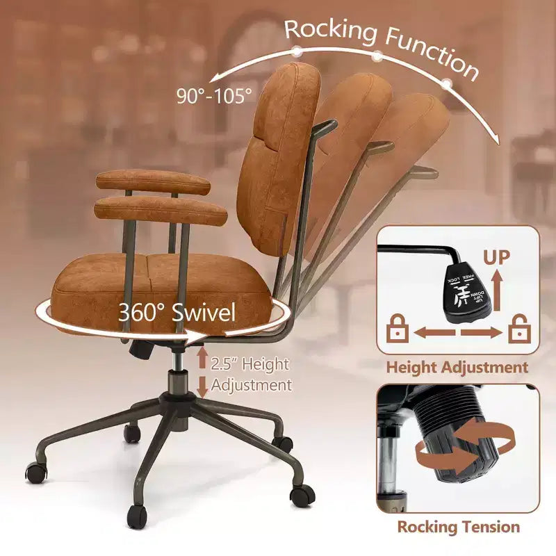 Chaise de bureau Costway en cuir synthétique avec dossier et accoudoirs rembourrés Marron/Beige