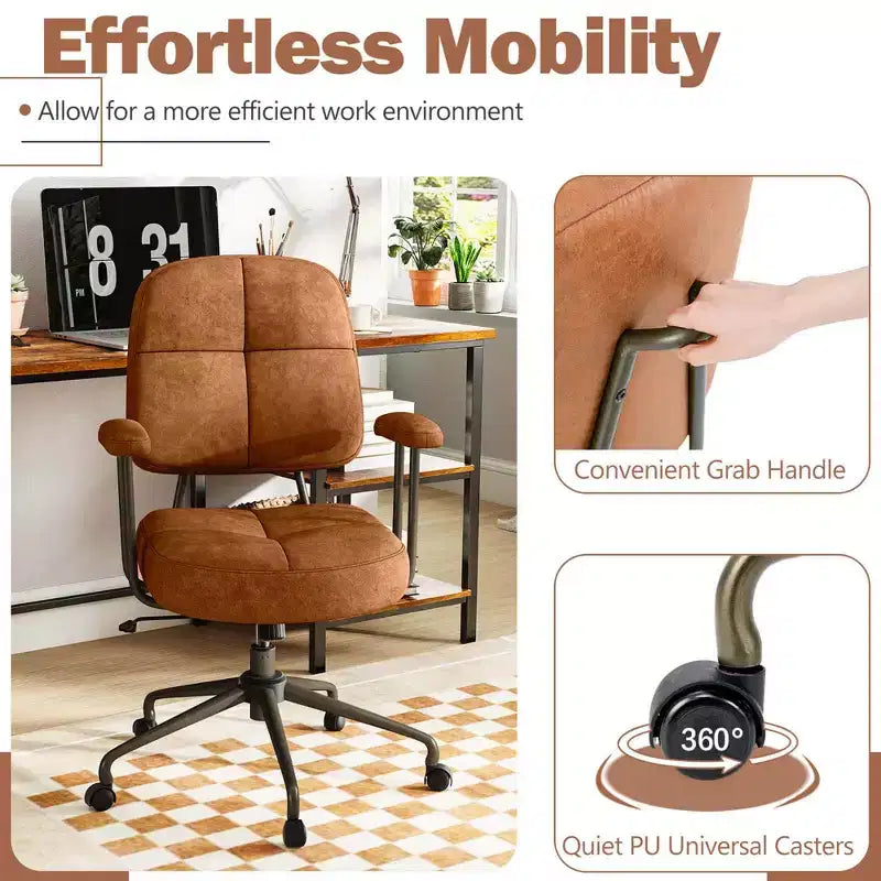 Chaise de bureau Costway en cuir synthétique avec dossier et accoudoirs rembourrés Marron/Beige