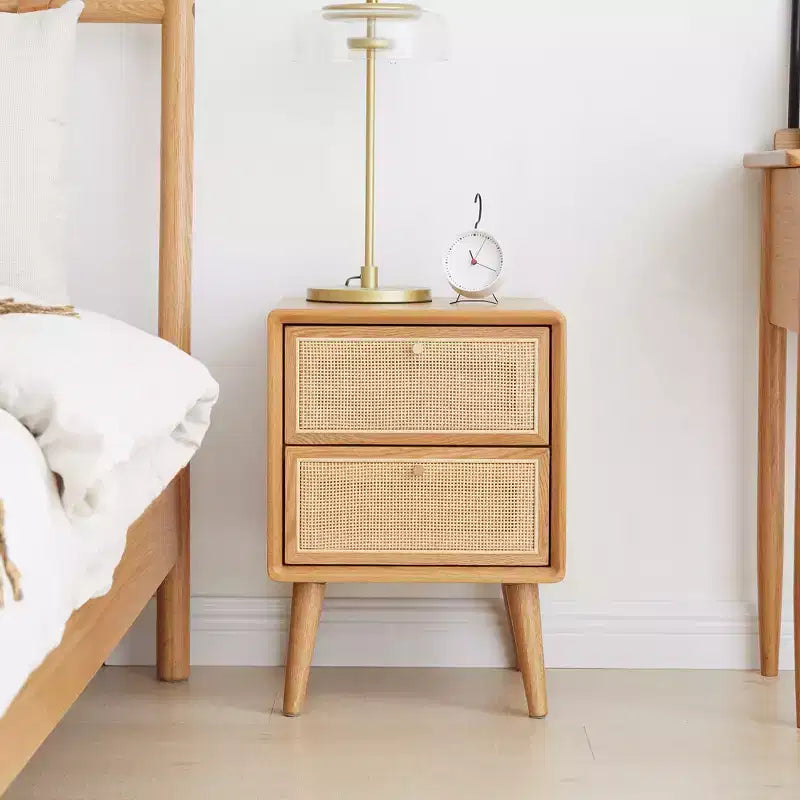 Table de chevet, Table de chevet rectangulaire de style minimaliste avec 2 tiroirs en rotin, Table d'appoint moderne en bois pour salle de réception, salon