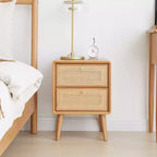 Table de chevet, Table de chevet rectangulaire de style minimaliste avec 2 tiroirs en rotin, Table d'appoint moderne en bois pour salle de réception, salon