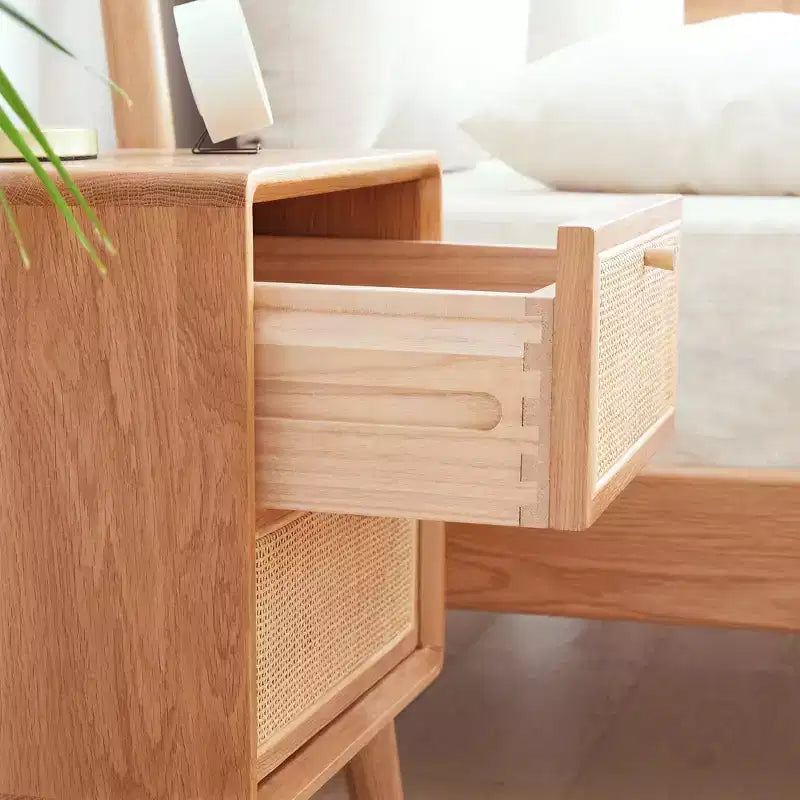 Table de chevet, Table de chevet rectangulaire de style minimaliste avec 2 tiroirs en rotin, Table d'appoint moderne en bois pour salle de réception, salon