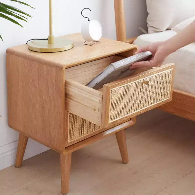Table de chevet, Table de chevet rectangulaire de style minimaliste avec 2 tiroirs en rotin, Table d'appoint moderne en bois pour salle de réception, salon