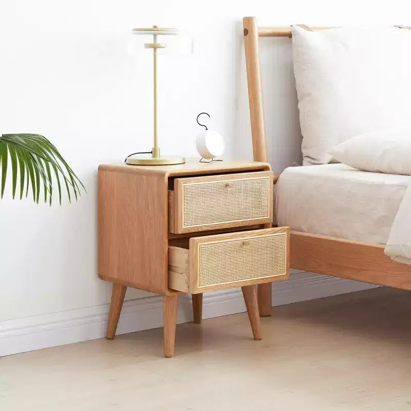 Table de chevet, Table de chevet rectangulaire de style minimaliste avec 2 tiroirs en rotin, Table d'appoint moderne en bois pour salle de réception, salon