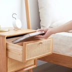 Table de chevet, Table de chevet rectangulaire de style minimaliste avec 2 tiroirs en rotin, Table d'appoint moderne en bois pour salle de réception, salon