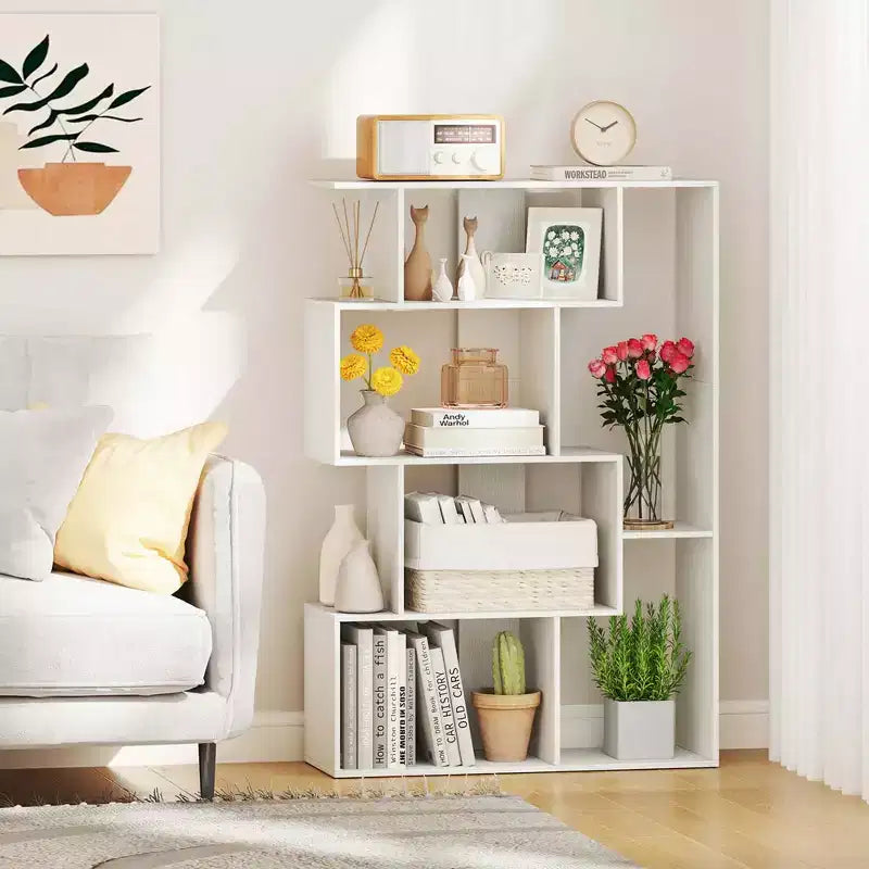 Costway Étagère géométrique à dos ouvert 47 pouces, bibliothèque à 6 cubes avec kit anti-basculement, naturelle/blanche