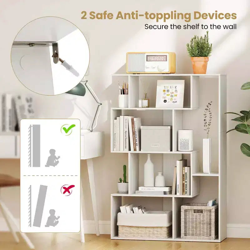 Costway Étagère géométrique à dos ouvert 47 pouces, bibliothèque à 6 cubes avec kit anti-basculement, naturelle/blanche