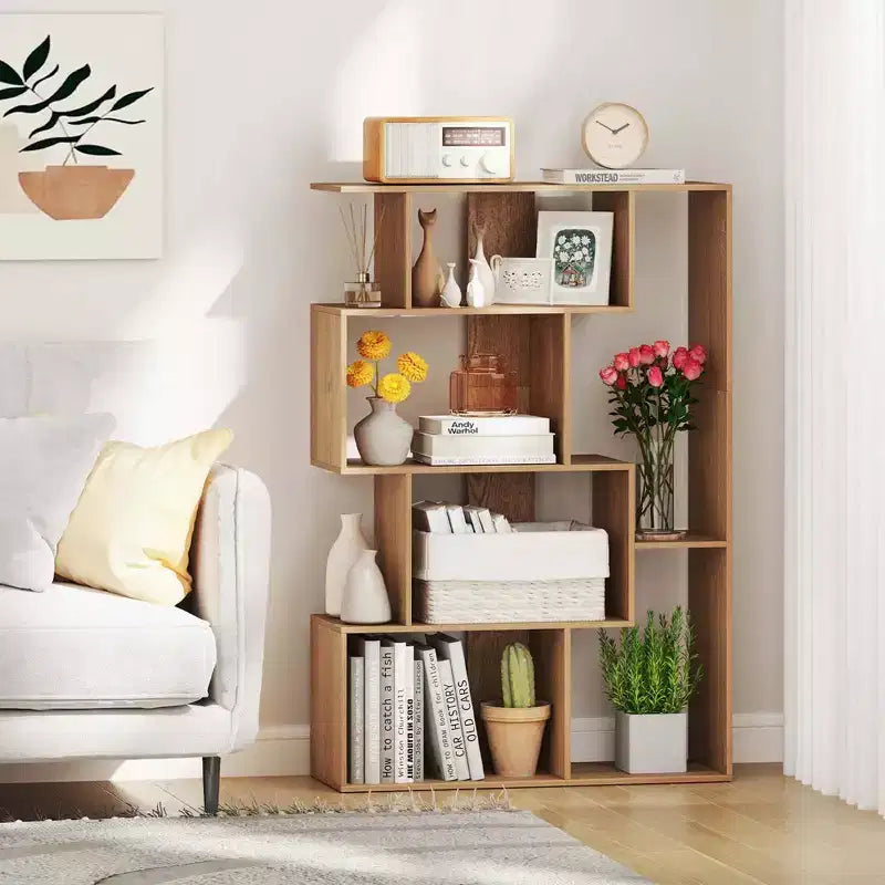 Costway Étagère géométrique à dos ouvert 47 pouces, bibliothèque à 6 cubes avec kit anti-basculement, naturelle/blanche