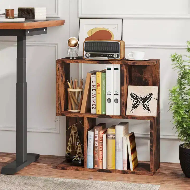 Costway 1/2 PCS Étagère à Livres à 3 Niveaux Bibliothèque Géométrique Table d'Appoint avec Rangement Ouvert Marron