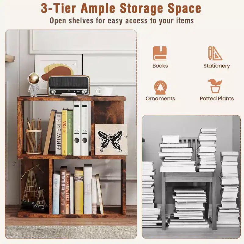 Costway 1/2 PCS Étagère à Livres à 3 Niveaux Bibliothèque Géométrique Table d'Appoint avec Rangement Ouvert Marron
