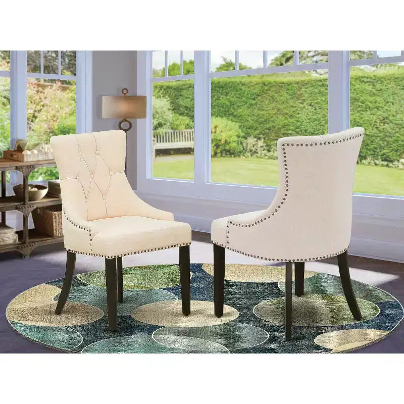 HomeStock Chaises de salle à manger Friona Parson à dossier capitonné en tissu de lin, beige clair et noir