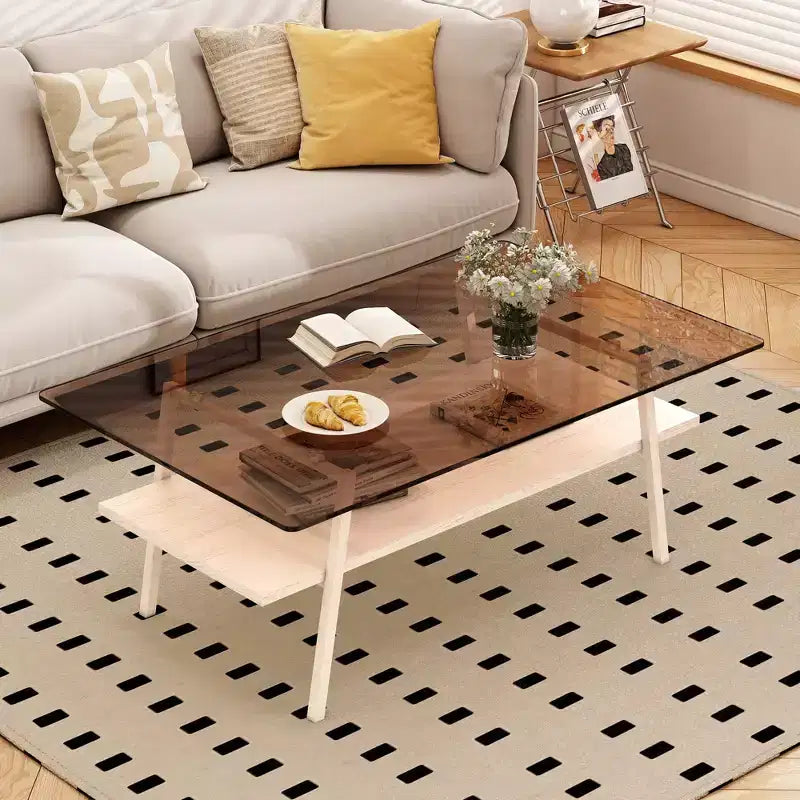 Table basse rectangulaire Mayeerty, plateau en verre trempé avec pieds en métal blanc, table moderne pour salon, verre marron