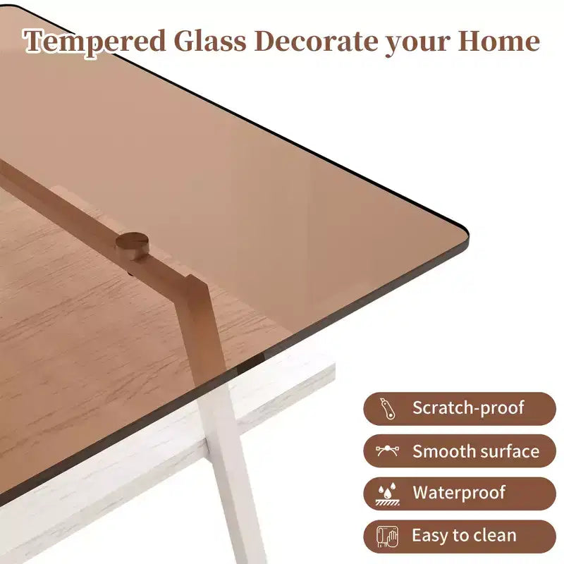 Table basse rectangulaire Mayeerty, plateau en verre trempé avec pieds en métal blanc, table moderne pour salon, verre marron