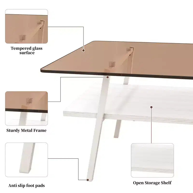 Table basse rectangulaire Mayeerty, plateau en verre trempé avec pieds en métal blanc, table moderne pour salon, verre marron