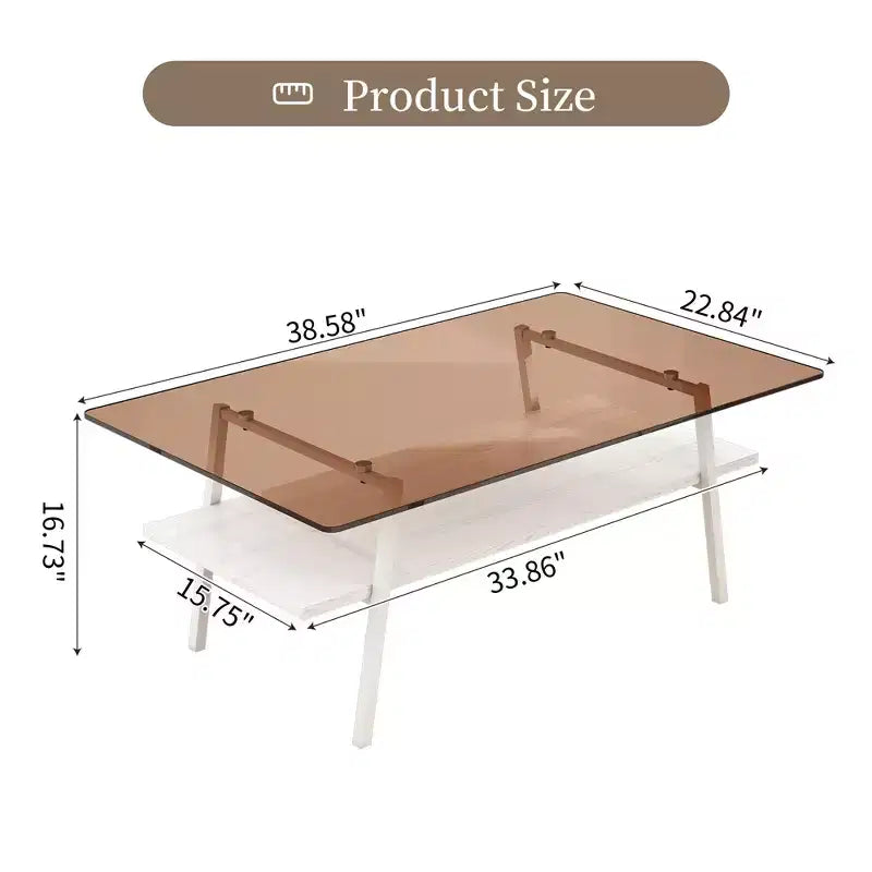 Table basse rectangulaire Mayeerty, plateau en verre trempé avec pieds en métal blanc, table moderne pour salon, verre marron