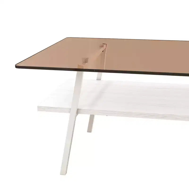 Table basse rectangulaire Mayeerty, plateau en verre trempé avec pieds en métal blanc, table moderne pour salon, verre marron