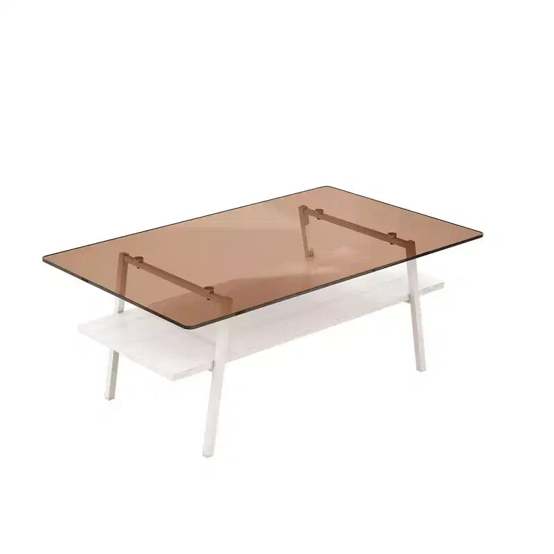Table basse rectangulaire Mayeerty, plateau en verre trempé avec pieds en métal blanc, table moderne pour salon, verre marron