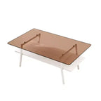 Table basse rectangulaire Mayeerty, plateau en verre trempé avec pieds en métal blanc, table moderne pour salon, verre marron
