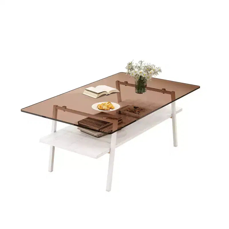 Table basse rectangulaire Mayeerty, plateau en verre trempé avec pieds en métal blanc, table moderne pour salon, verre marron