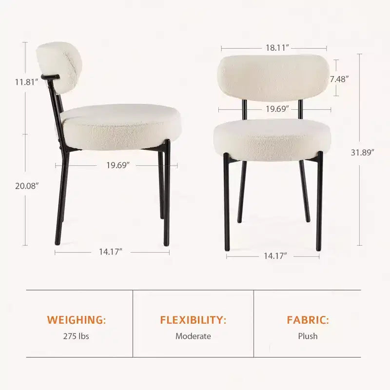 Lot de 2 chaises de salle à manger confortables avec coussin d'assise blanc et dossier rembourré, structure en acier noir pour salle à manger et chambre à coucher.
