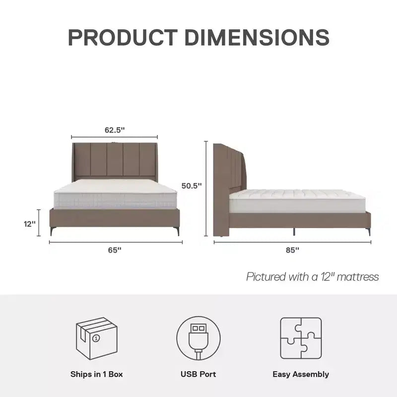 Lit capitonné DHP Lamora avec tête de lit à oreilles et port USB
