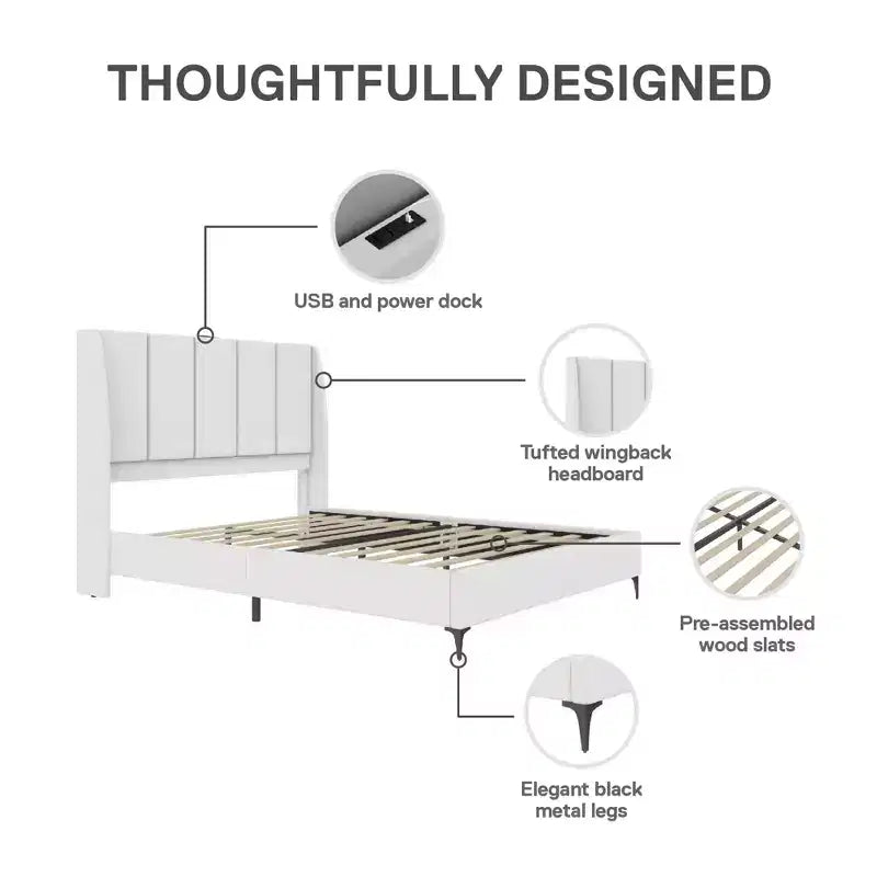 Lit capitonné DHP Lamora avec tête de lit à oreilles et port USB
