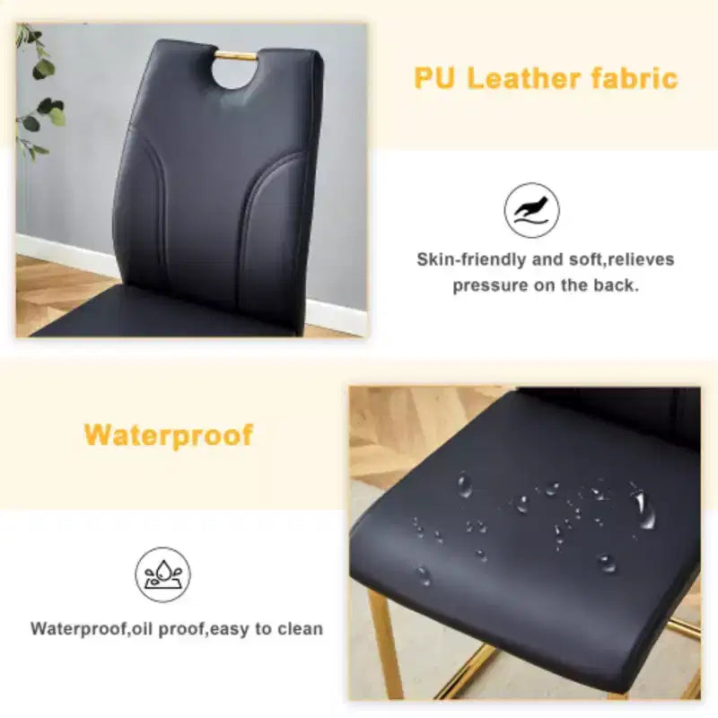 Lot élégant de 4 chaises de salle à manger en PU noir, pieds dorés pour différentes pièces