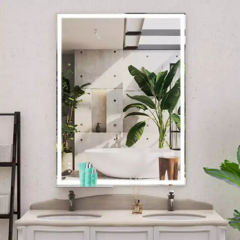 Miroir de courtoisie LED 48x36 pour salle de bain : mural, éclairage réglable, anti-buée, interrupteur tactile
