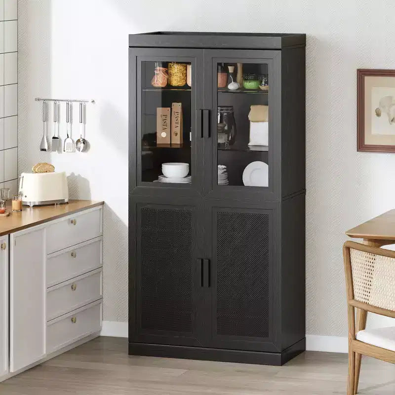 Armoire de cuisine en bois massif de 62 po avec étagères réglables et porte vitrée
