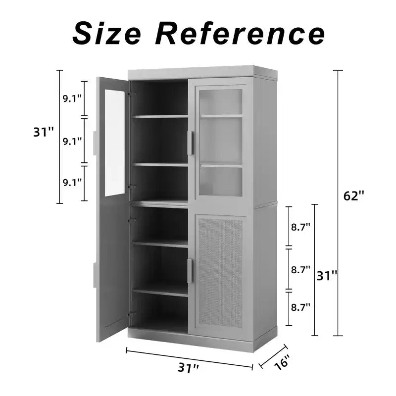 Armoire de cuisine en bois massif de 62 po avec étagères réglables et porte vitrée