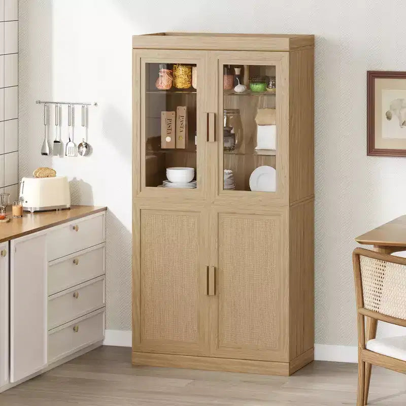 Armoire de cuisine en bois massif de 62 po avec étagères réglables et porte vitrée