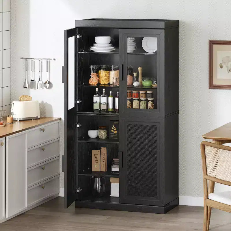Armoire de cuisine en bois massif de 62 po avec étagères réglables et porte vitrée