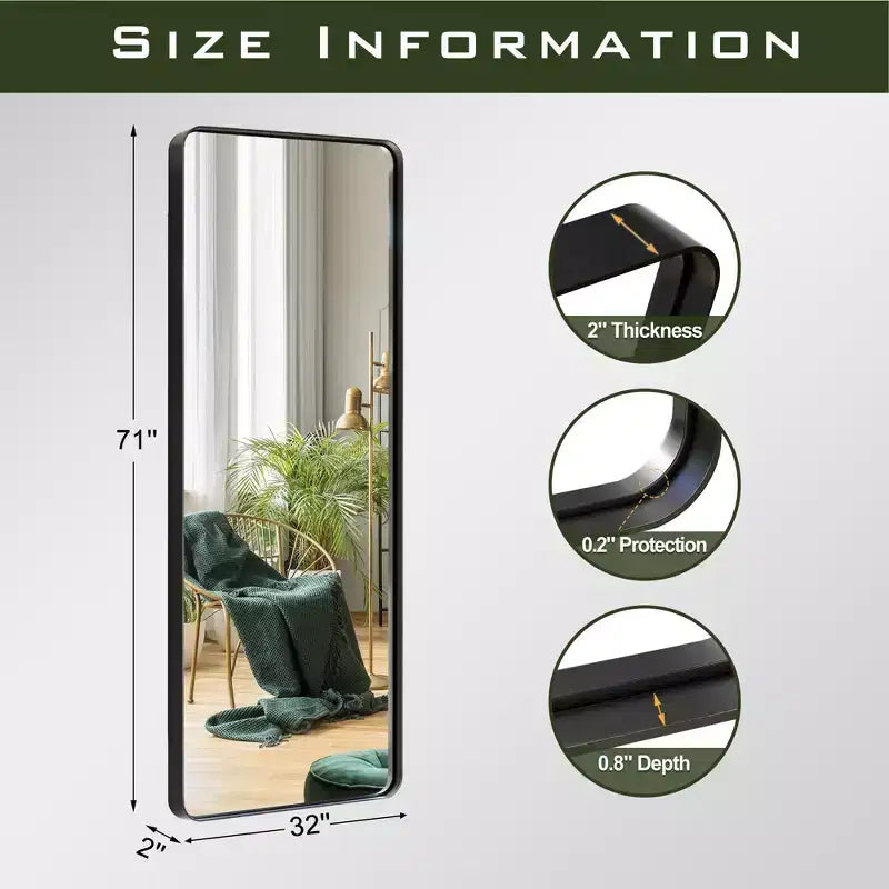 Miroir de sol rectangulaire arrondi en alliage d'aluminium peint en noir, 180 cm x 80 cm x 5 cm (Miroir profond - Sans support)