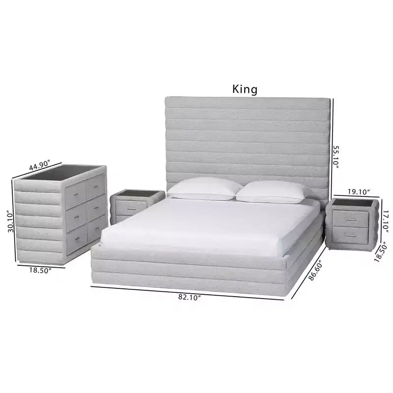 Ensemble de chambre à coucher 4 pièces Baxton Studio Cadmus moderne en tissu gris clair capitonné