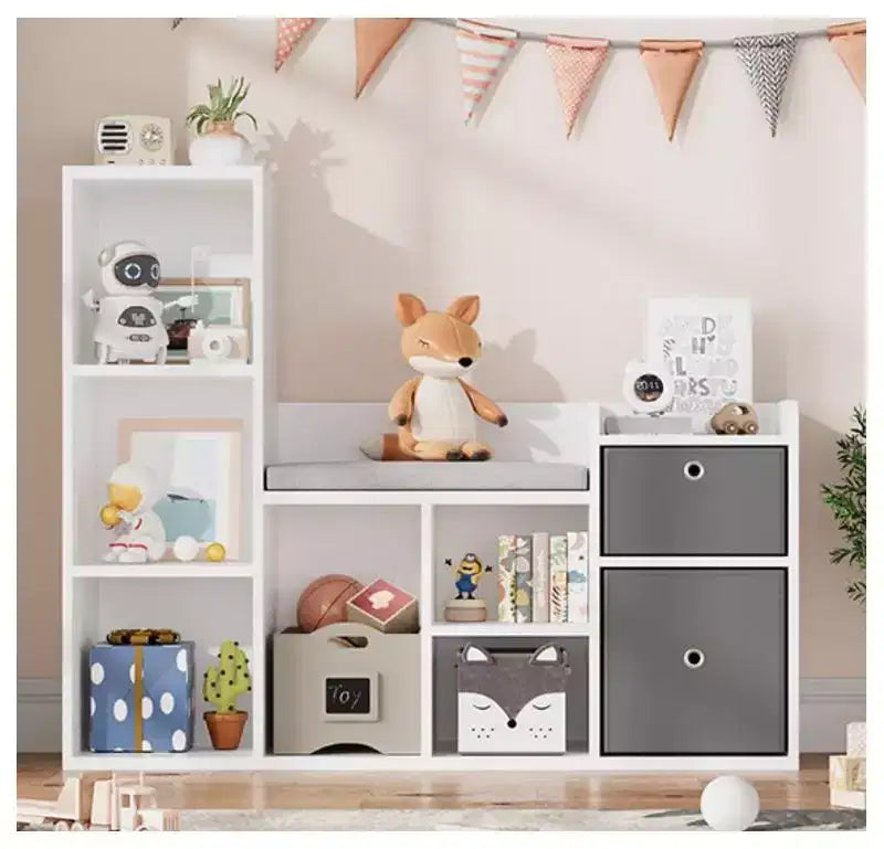 Kids Bookshelf Width Toy Storage Organizer with Reading Nook for Kids Room, Playroom, Nursery White Bookcase Seat Cushion